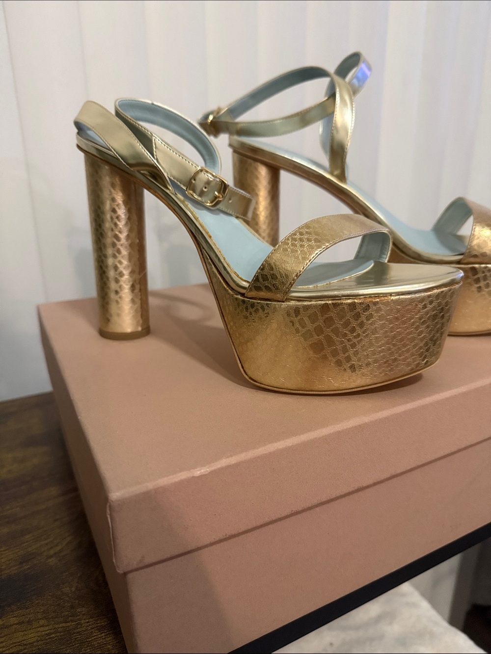 Aera Bianca Gold Python Platform Block Heel Sandal Ankle Strap Heels Luxury